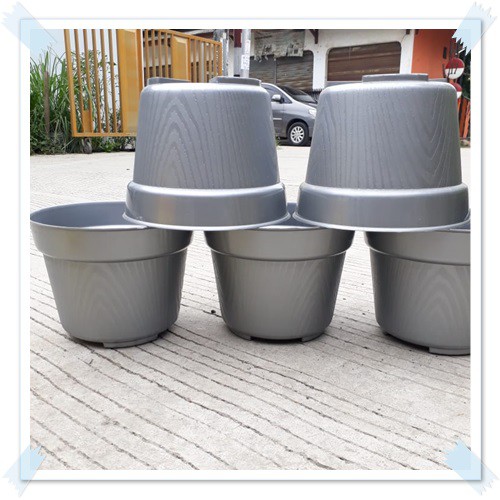 Tebal Pot Bunga 25cm Silver Motif Serat Kayu - Pot Plastik 25 Cm Bibit Bunga Ori