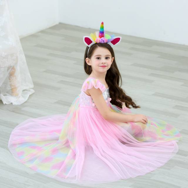 GAUN PANJANG PRINCESS RAINBOW PINK / DRESS PESTA ANAK GLITTER UNICORN IMPORT KOREA