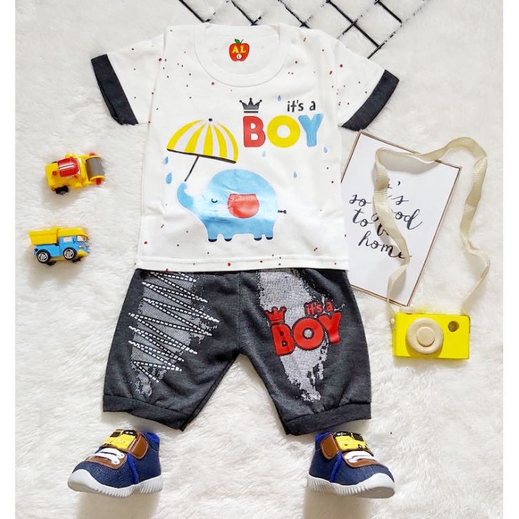 Set Baju Bayi Laki Laki / Setelan Anak 0 - 12 bulan / Setelan Joger gajah payung putih