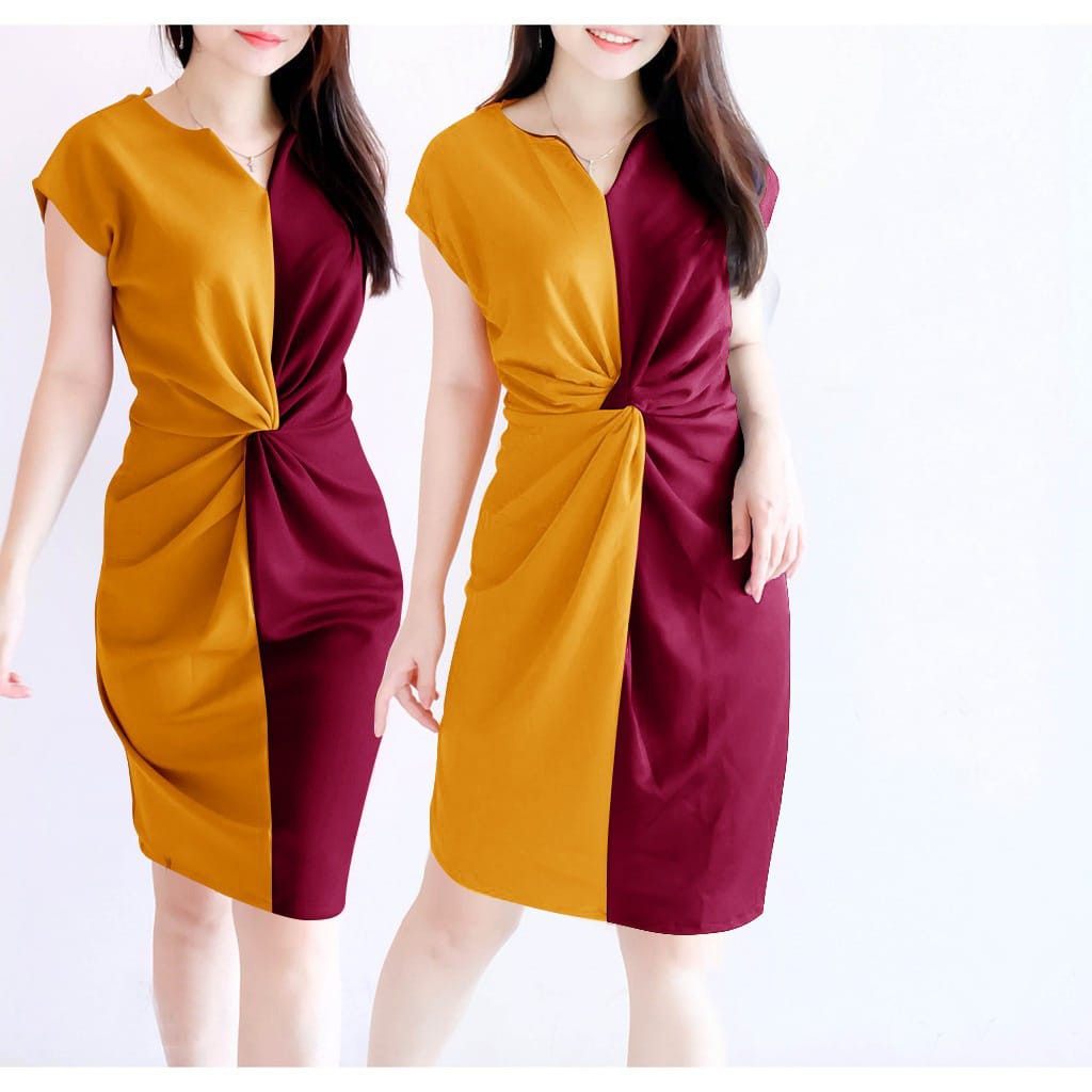 A02 NEW DRES WEI WEI KOMBI MUSTARD BAHAN SCUBA LD 94CM,PJG 88CM