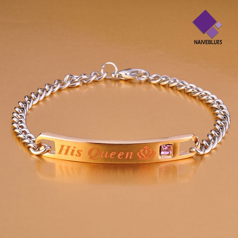 Naiveblue Gelang Tangan Rantai Baja Motif Tulisan His Queen / Her King Untuk Pasangan / Pria / Wanita