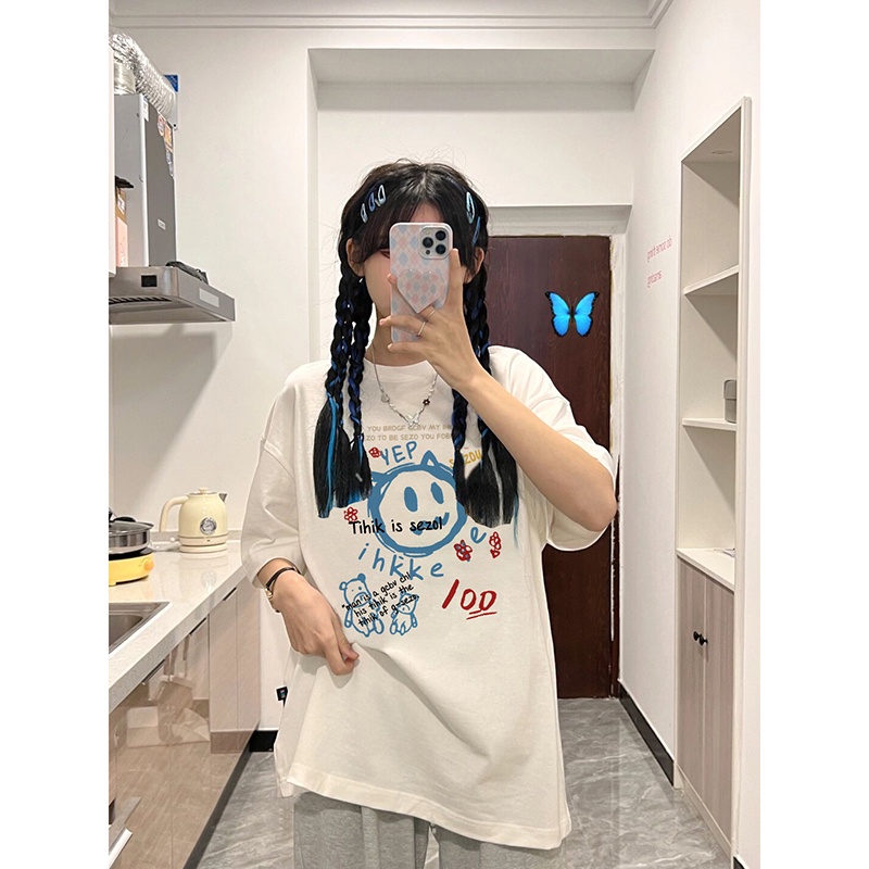 EUNII T-shirt Lengan Pendek Gaya Baju Wanita Graffiti Longgar Korean Style/Kaos Atasan Wanita/Baju Kaus Oversize Wanita