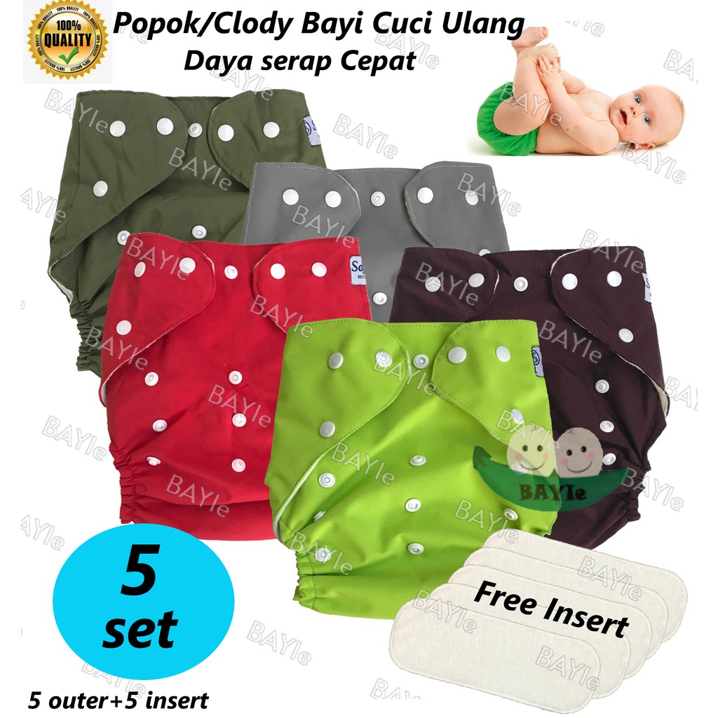 5 Pcs Clodi/Popok Celana Bayi Kain Cuci Ulang/Baby Diaper Pant/Celana Lampin Free Insert 0-3 tahun