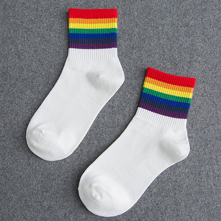 KK-50 kaos kaki wanita cotton tebal olahraga casual strip rainbow pela