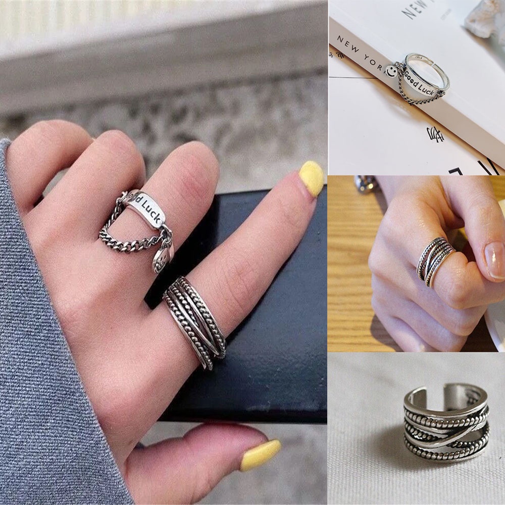 Cincin Rantai Desain Smiley Face Gaya Retro Hip-Hop Korea Jepang Untuk Wanita 2