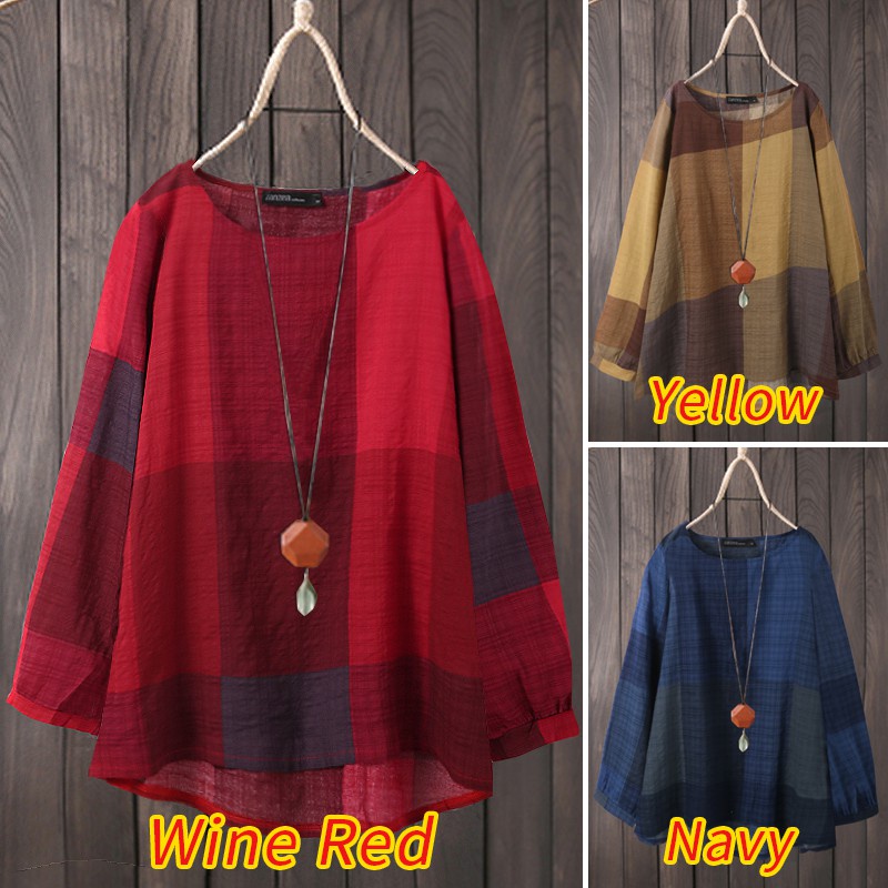 ZANZEA Women O Neck Long Sleeve Plaid Printed Vintage Blouse