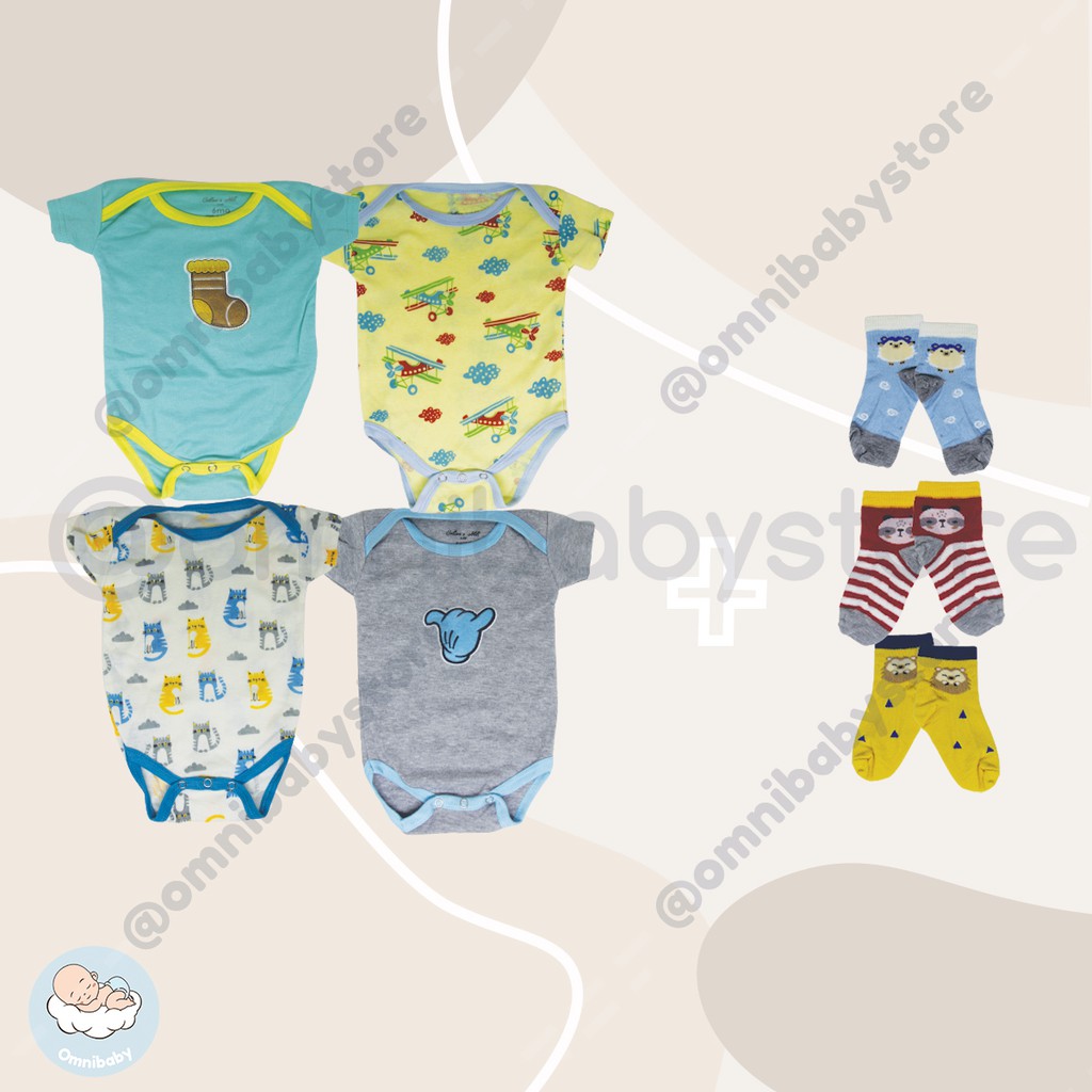 cotton's mill jumper lengan pendek bayi laki/bayi perempuan giftpack 4in1 + kaos kaki (SNI)