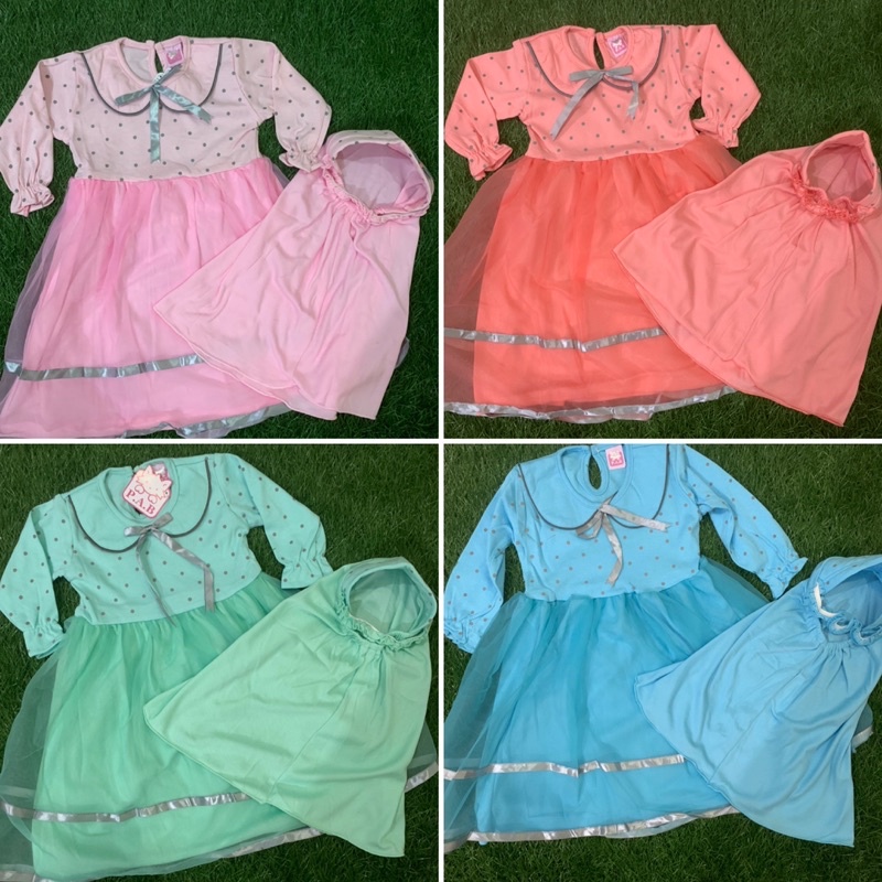 Dress Gamis kerah polkadot anak bayi perempuan hijab pita rok triket tile