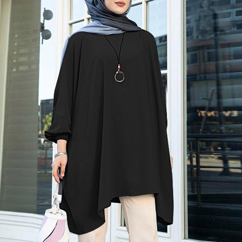 ZANZEA Women Fashion Casual Full Sleeve  Solid Color Irregular Hem Retro Muslim Blouse