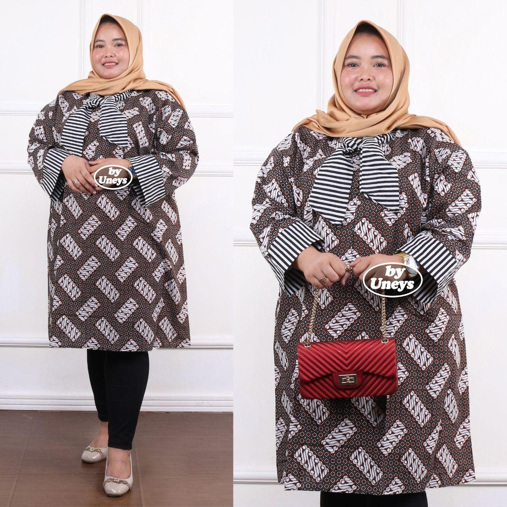 Tunik Batik Wanita Ukuran Jumbo LD 140cm Resleting Belakang Bahan Katun Adem Di Pakai Serap Keringat