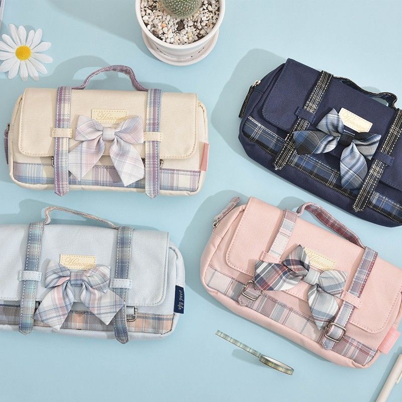 

Plaid Pencil Case Large-capacity Canvas Mori Pencil Case Ins High-value College-style Girl-hearted S