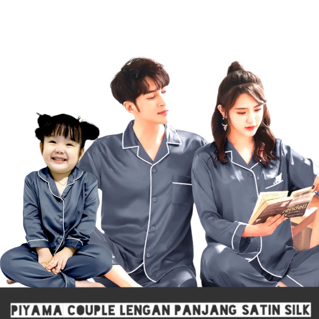 BAJU TIDUR LENGAN PANJANG/PIYAMA COUPLE IBU AYAH DAN ANAK CEWEK COWOK BAHAN SATIN SILK