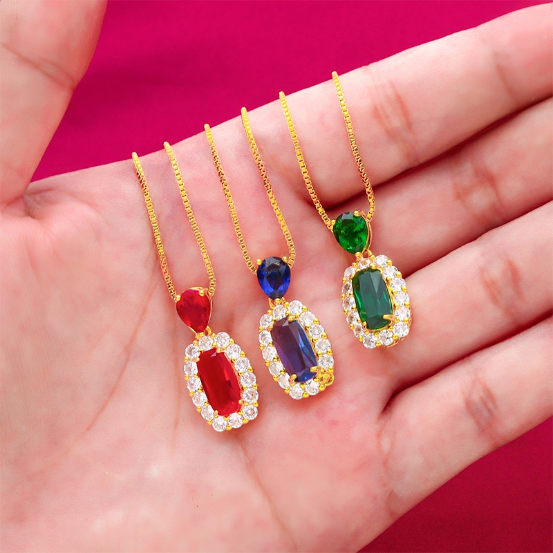 Kalung Rantai Emas Asli Kadar 375 Hias Liontin Ruby Sapphire Emerald Berlian Untuk Wanita