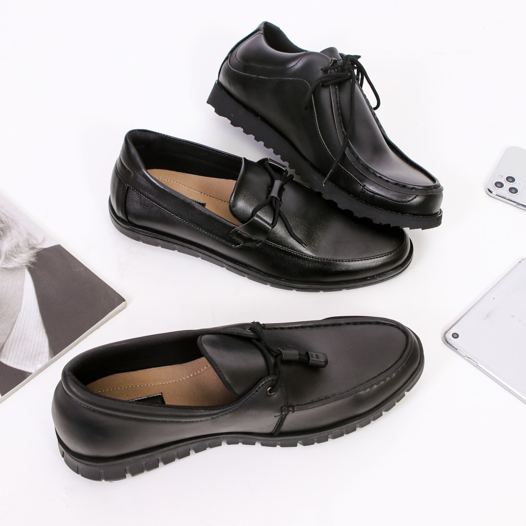 Valky Black | Sepatu Pria Hitam Loafers Tali Vintage Casual Klasik Original Kantor | FORIND x Giant Flames