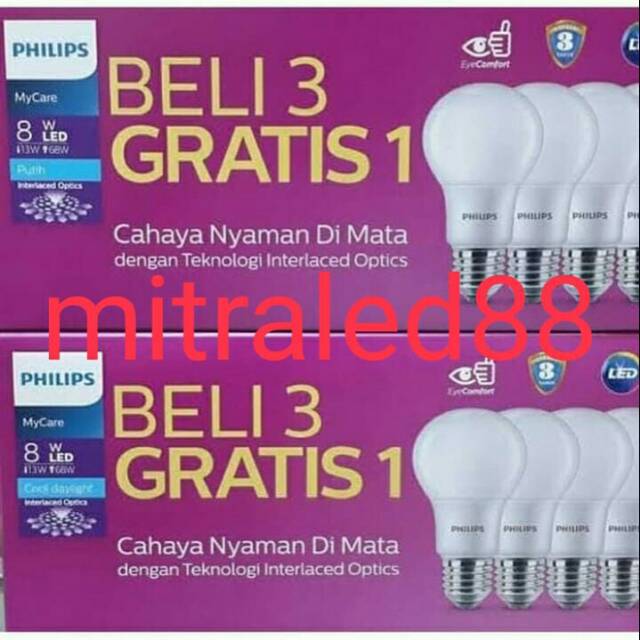 Jual Led Bulb Philips 8w/8wat Pak/paket 3in1 Bohlam Led E27 | Shopee ...