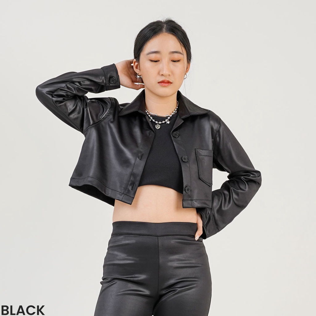 Kemeja Crop Kulit Atasan Wanita