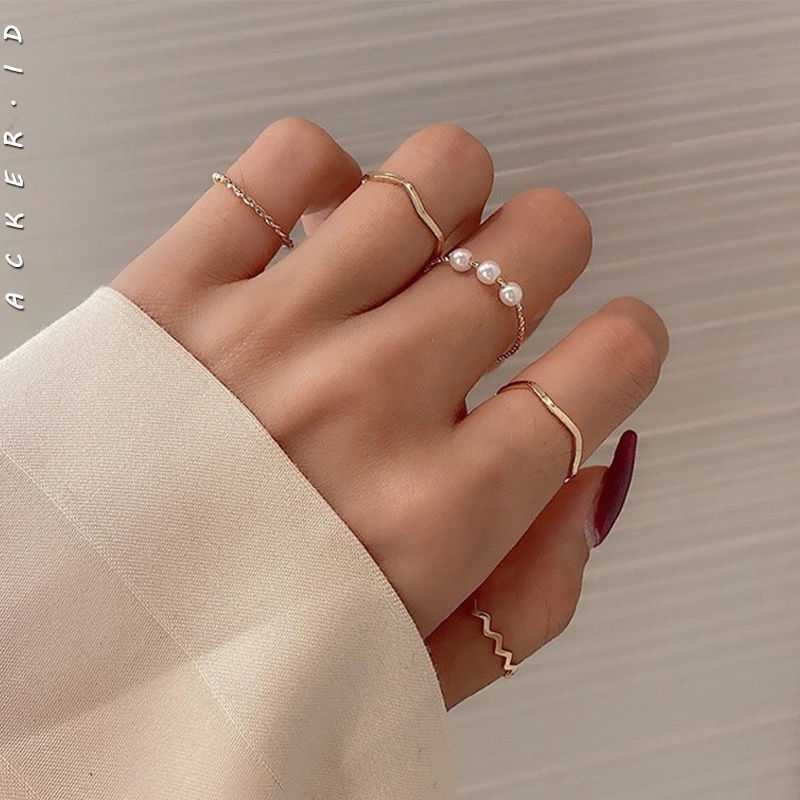 [ACKER] 5Pcs/Set Set Cincin Manik-manik Mutiara Buatan Mode Untuk Wanita