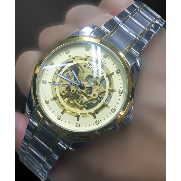 Jam Tangan Pria Otomatis Skeleton Rolex Big Chain Mata Balok