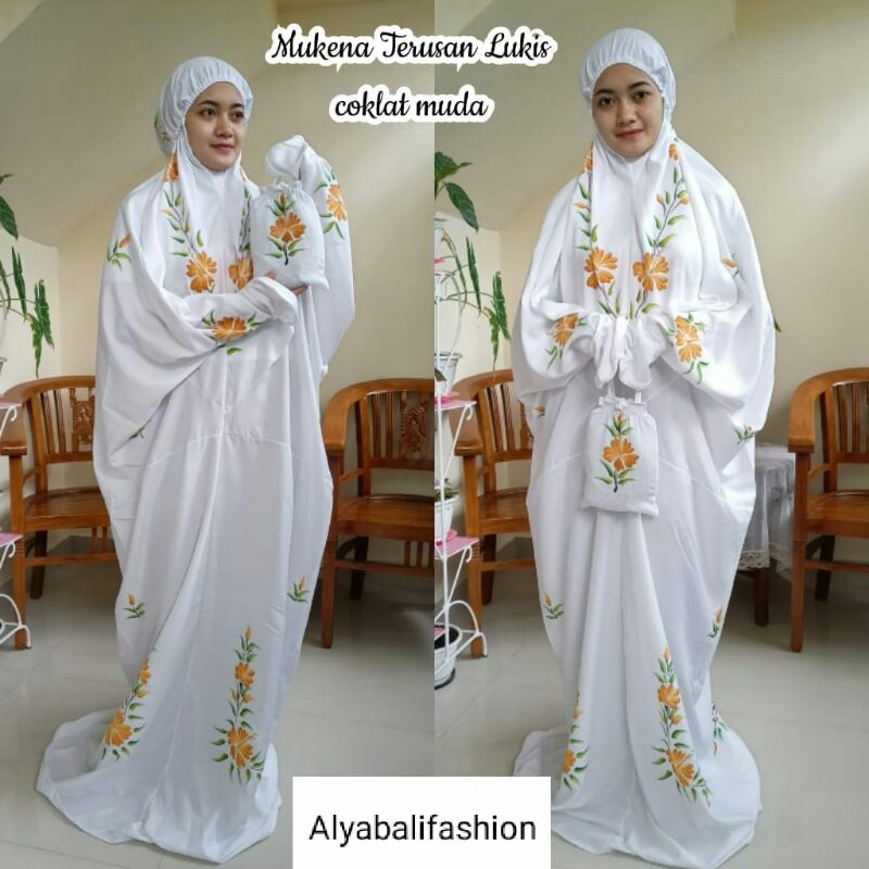 Mukena DewasaTerusan Warna Putih Kain Rayon Motif Bunga Lukis Murah dan Cantik