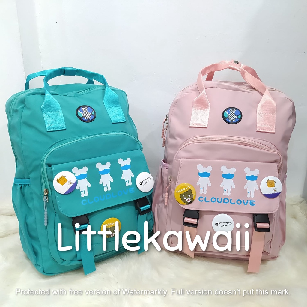 LK/Tas Ransel Laptop Backpack Parasut Tenteng Sekolah Fashion Korean Style Anak Remaja Dewasa Jaring Transparan Pin Tali Gesper Bear Cloud Import