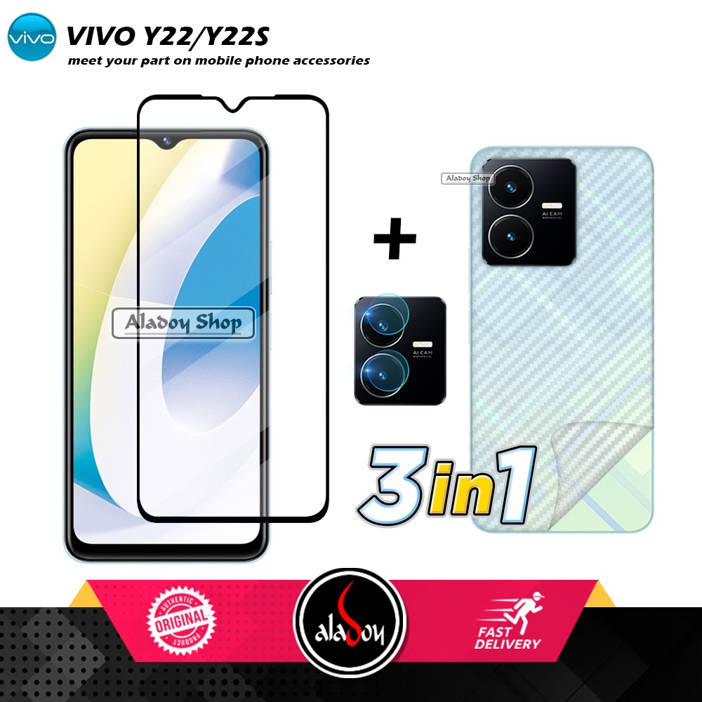 PAKET 3 IN 1 Tempered Glass Layar VIVO Y22/Y22S Free Tempered Glass Camera dan Skin Carbon