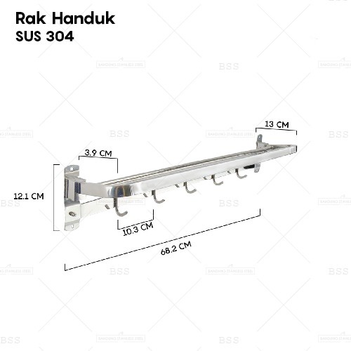 Rak Handuk 68CM Stainless SUS 304 2 Bar 5 Kait Kamar Mandi Toilet Gantungan