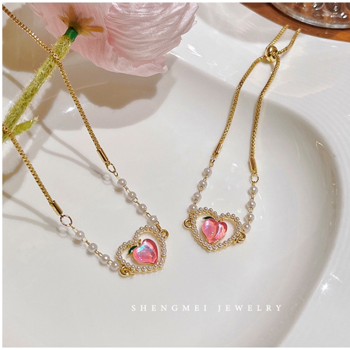 Kalung Choker Liontin Hati Warna Pink Aksen Mutiara Untuk Wanita