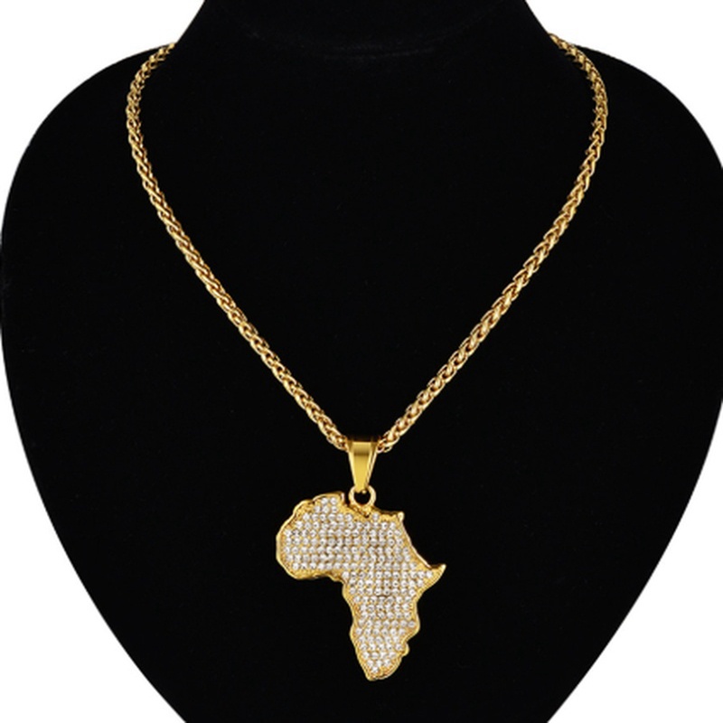 Kalung Liontin Peta Afrika Bahan Stainless Steel Warna Emas Untuk Pria Dan Wanita