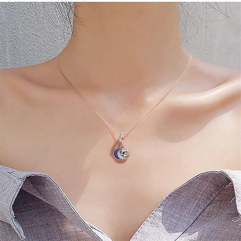 Pandora Kalung 925 Silver Cubic Zirconia Dengan Liontin Bulan Bintang Untuk Wanita