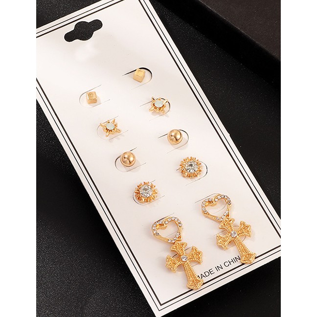 LRC Anting Set Fashion Gold Cross Love Heart Diamond Stud Earrings D22949