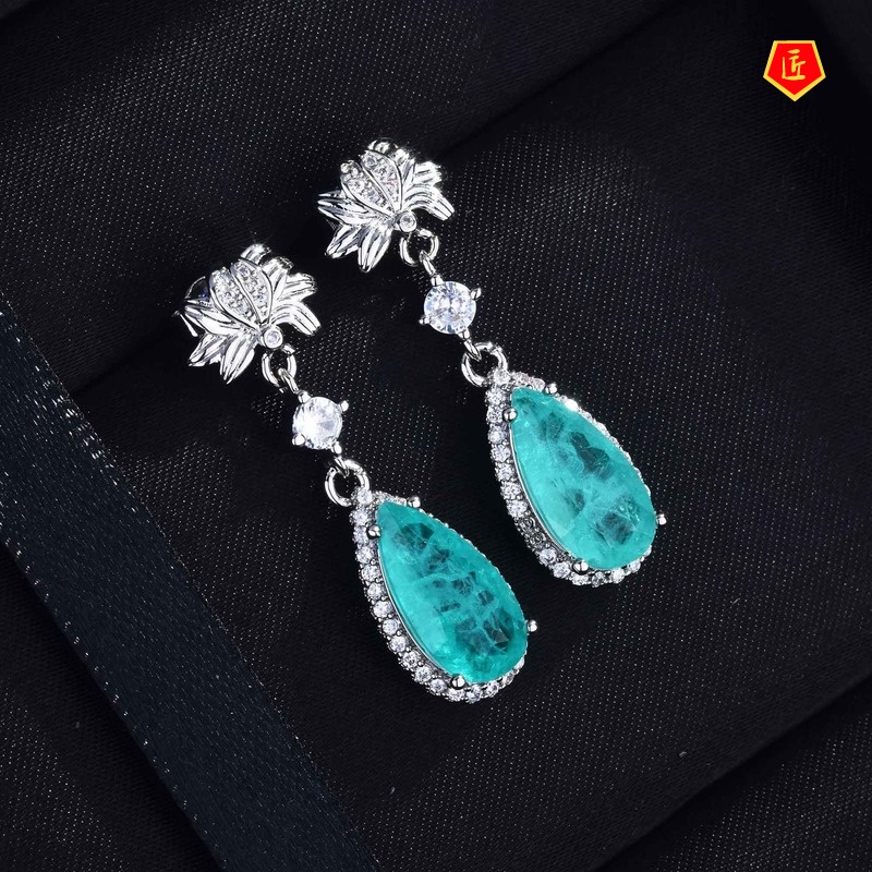 [Ready Stock]Natural Paraiba Micro-Inlaid Full Diamond Earrings