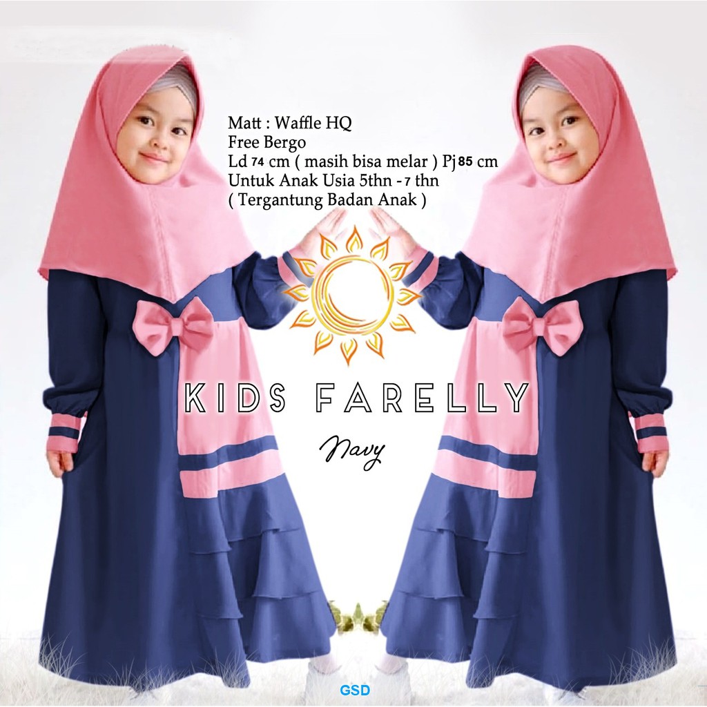 Kids farelly/gamis+khimar anak perempuan/baju muslim anak pita/pakaian muslim anak murah terbaru