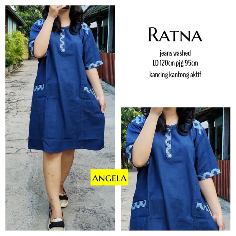 Ratna Mini Dress Maxi Gamis Pendek Jeans Motif Tartan Ld 120 Jumbo Fit XXXL Busui By Angela