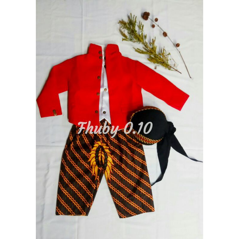 Beskap Hewes Anak / Sikepan Anak / Beskap+Celana Batik Coklat+Blangkon Samurai Kuning