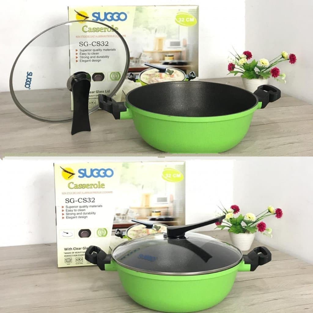 Suggo Casserole 32 cm Green Granite Cookware Wajan Panci anti Lengket