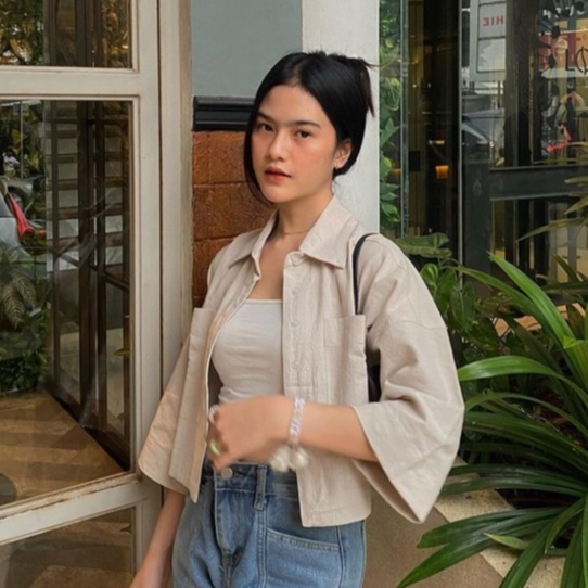 Aline Crop Outer// Kemeja Crop Linen Pocket //Oversized Shirt Linen// Outer Crop Linen