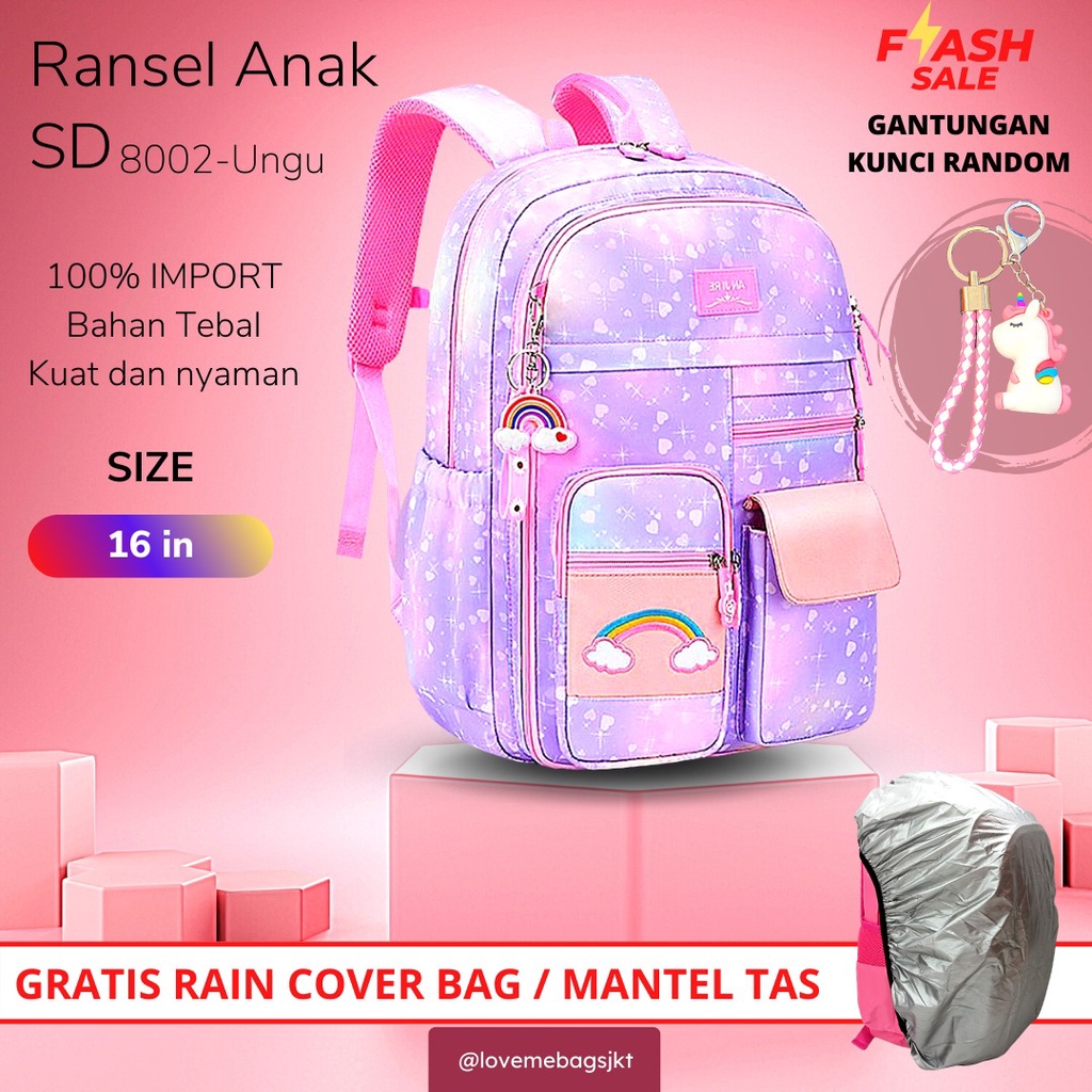 LMB Tas Anak Sekolah Perempuan SD SMP Remaja Import Bahan Premium Rainbow Bagian Depan Bisa Buka Full