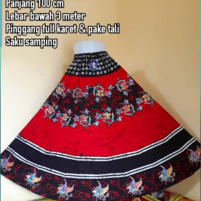Jual rok batik semi tulis cap cantik panjang muslim hijab lilit payung lebar  skirt kantor merah