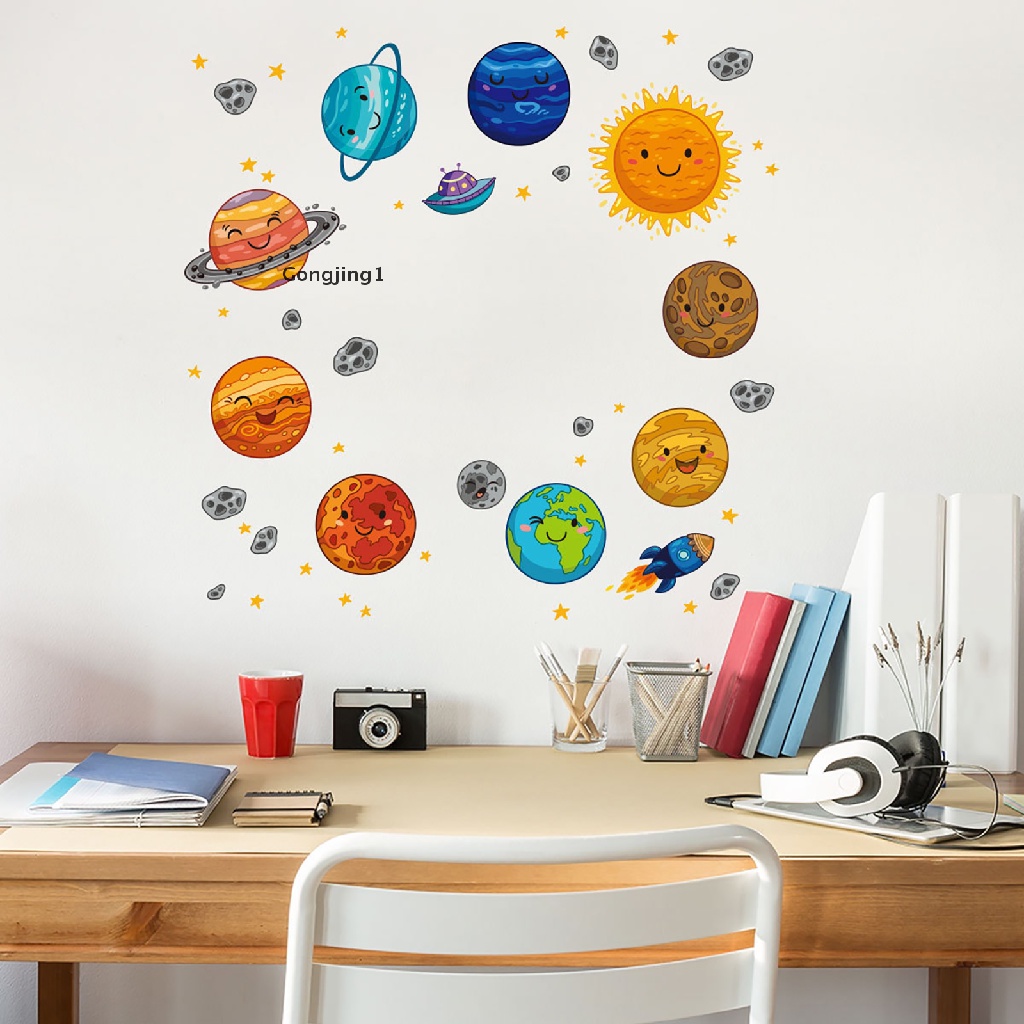 Gongjing1 4 Lembar Stiker Dinding Motif Planet Tata Surya Removable