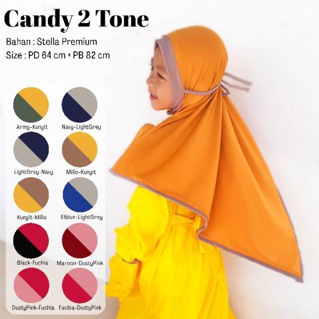 HIJAB ANAK / KHIMAR ANAK - NON PED TALI - CANDY 2 TONE BAHAN STELLA PREMIUM - BEST SELLER BISA COD