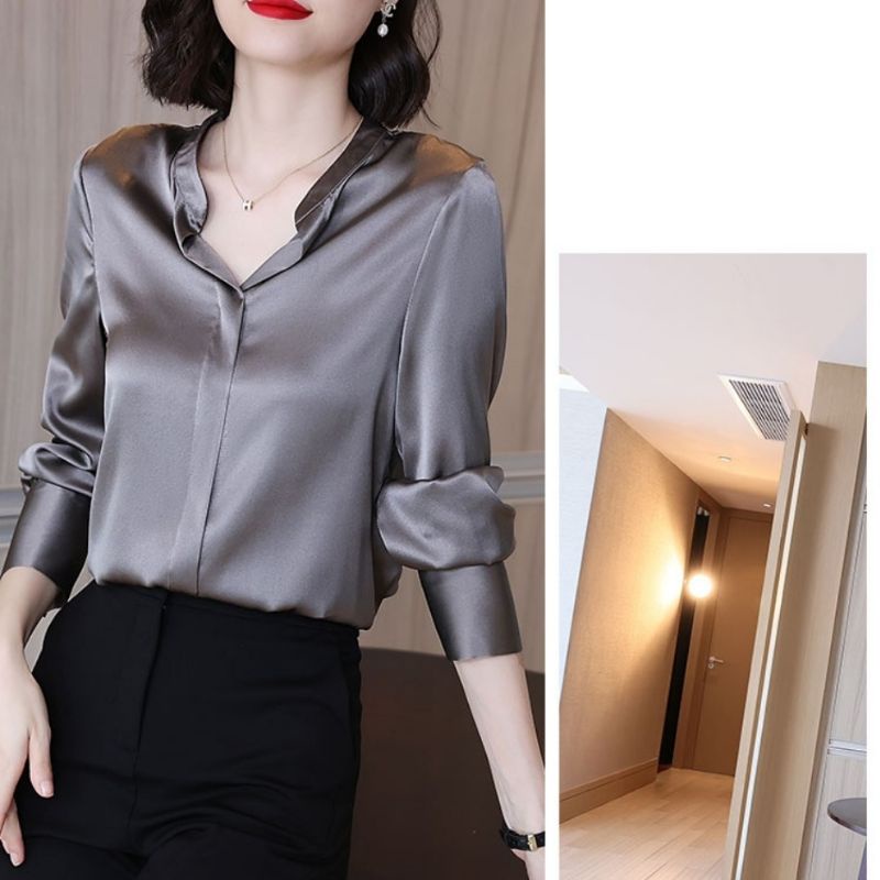 TM 2340 Kemeja CASTILA Open Collar Buttonles import lengan panjang, warna coklat abu mocca maroon hi
