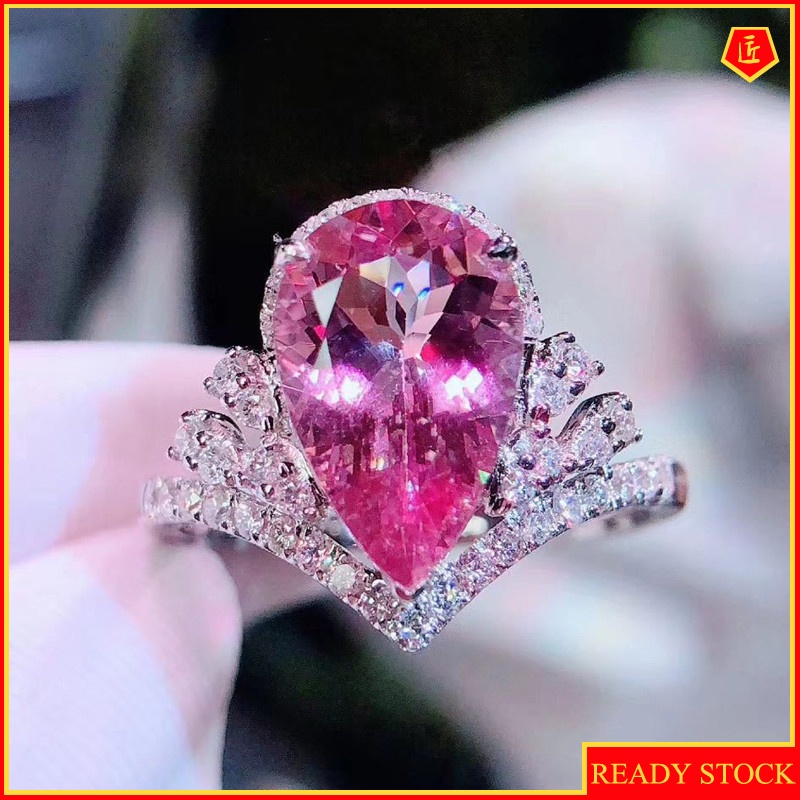 [Ready Stock]Luxury Crown Pink Tourmaline Colored Gems Open Ring