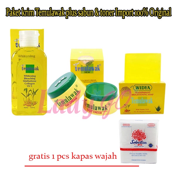 Paket krim Temulawak plus sabun &amp; toner Import 100% Original free 1 pcs kapas wajah cosmetik