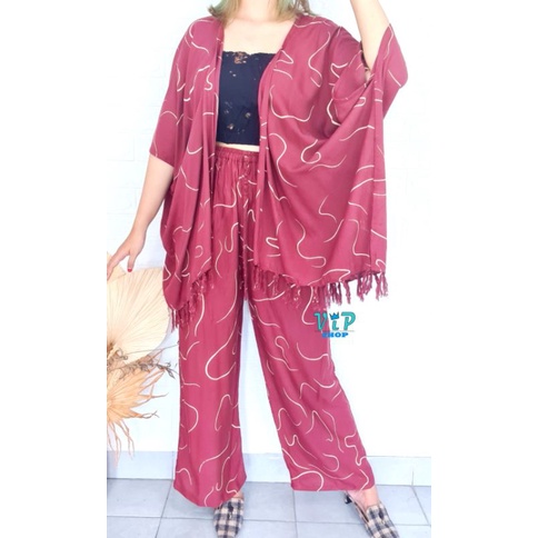 Set Outer Cardigan dan Kulot Tiedye Bali Lilit bohemian-Candy maroon