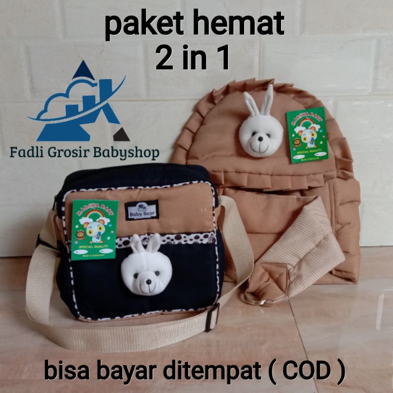 Paket Hemat ( 2 in 1 ) Tas Bayi Strip Boneka Dan Gendongan Bayi Samping Topi Boneka