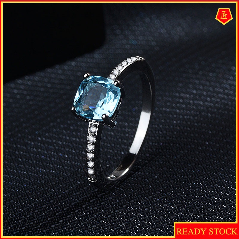 [Ready Stock]Inlaid Blue Topaz Square Diamond Ring Luxurious and Simple