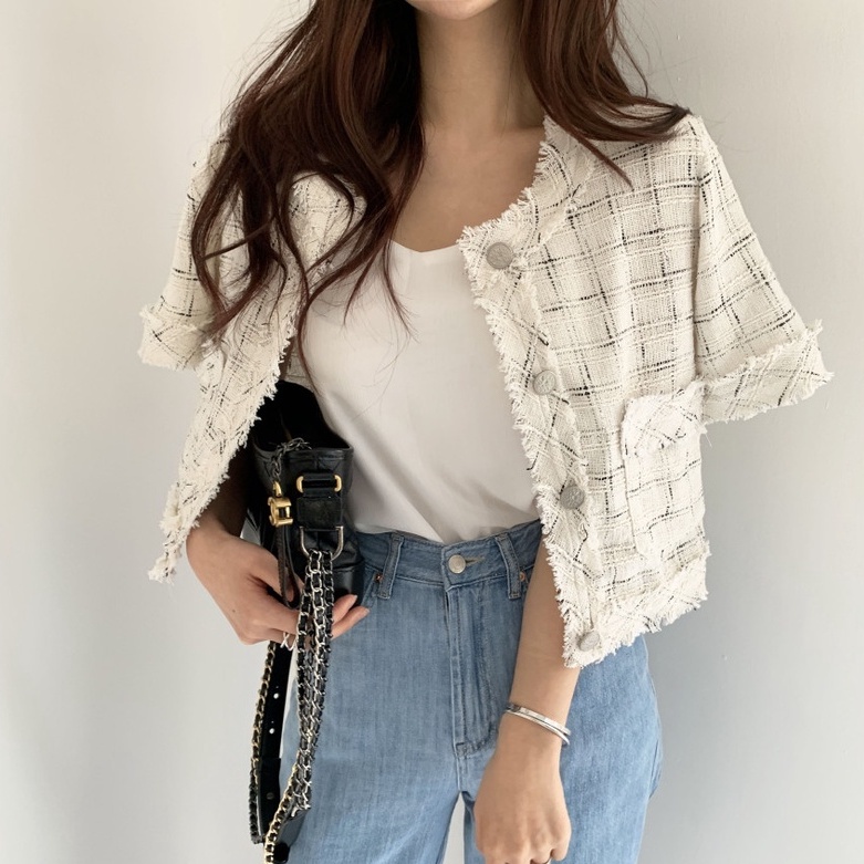 Jaket Crop Top Atasan Lengan Pendek/Rok High Waist Setelan Baju Wanita Korean Style-Putih(Satu ukuran)