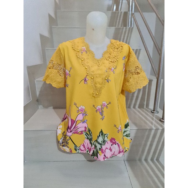 Blouse Brukat Bunga Renda Combi Brukat Impor XL-2XL-50 - Kuning Ld 102