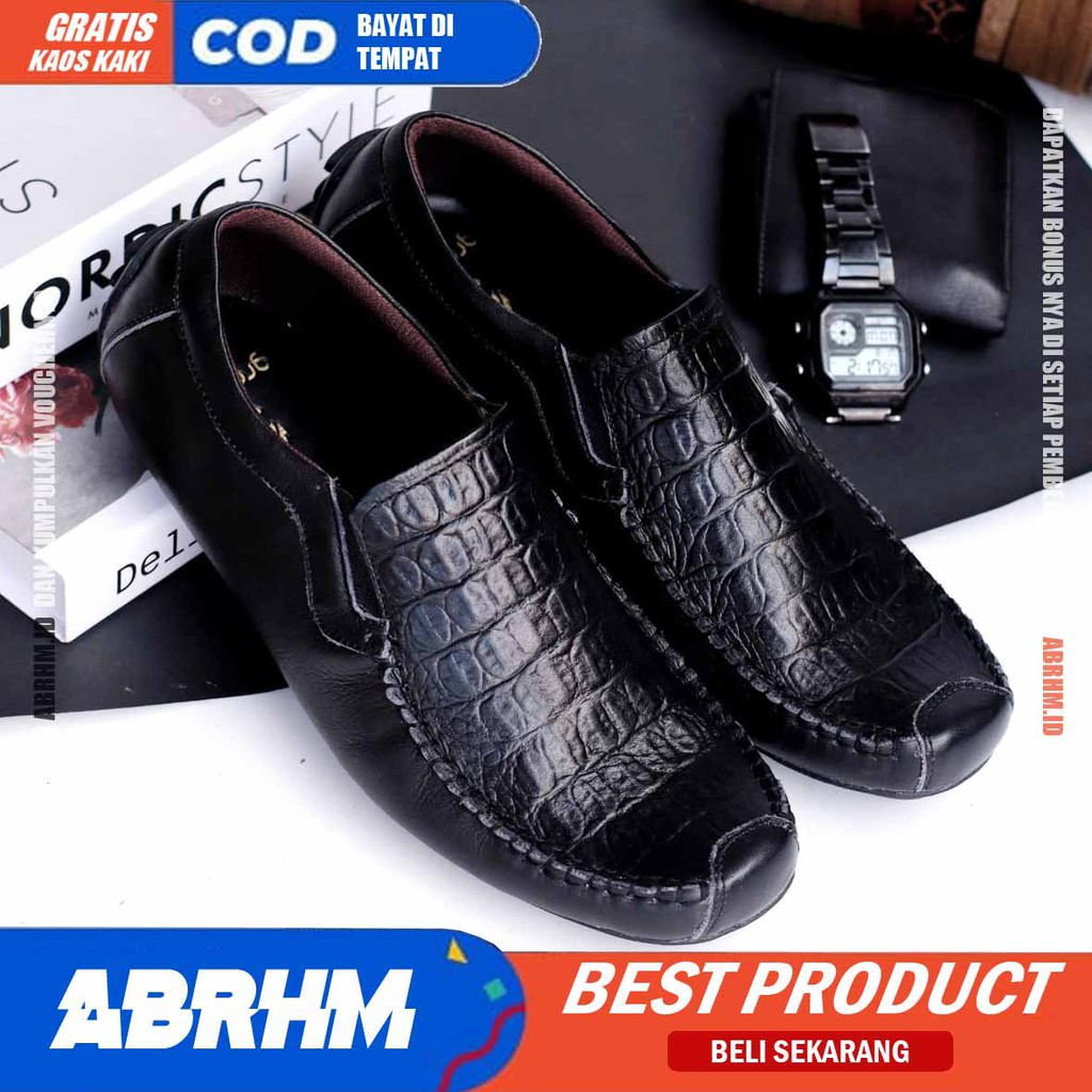 ABRHM X ASBUL Sepatu Slip On pria Kulit Asli Sepatu Pantofel Pria Kerja Sepatu Pria Casual Sepatu Kasual Kekinian Original Terlaris