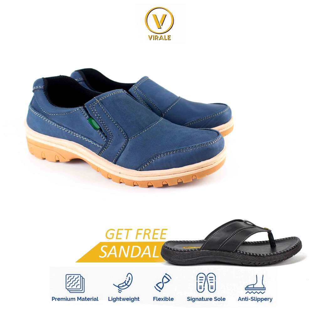 Sepatu Slip On Hirio Model Travelling/Outdoor Murah Banget Gratis Sandal Kulit YOKEN (BIRU)